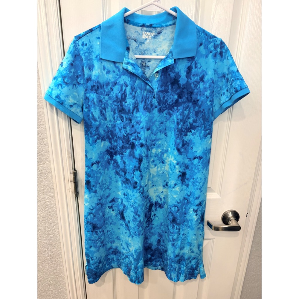 Lands End Polo Dress Blue Tie Dye Stretch Pique Short Sleeve Mini Sporty Casual